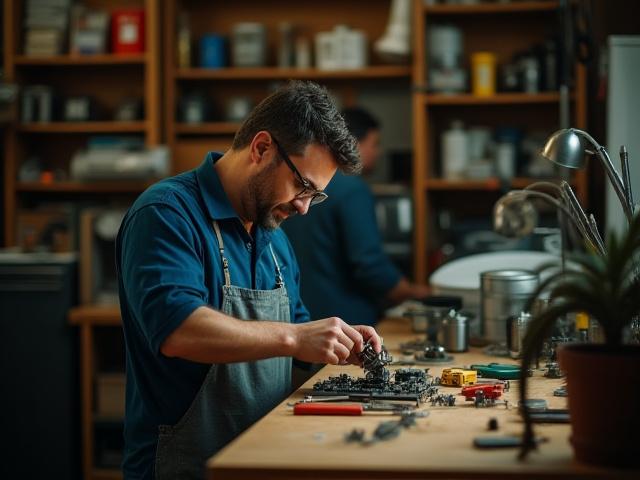 Tejas Tune के संस्थापक अपने व्यस्त वर्कशॉप में, उपकरणों के पुर्जों के साथ काम कर रहे हैं।