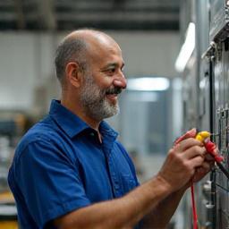 एक अनुभवी तकनीशियन मुस्कुराते हुए और एक उपकरण की खराबी का निदान करते हुए।