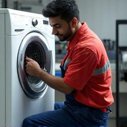 एक युवा, ऊर्जावान तकनीशियन एक वॉशिंग मशीन की मरम्मत करते हुए।